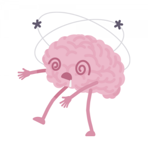 Brain personified, walking like a zombie with cartoon stars around it's head